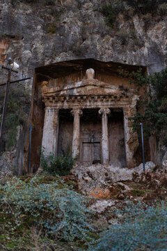 View of the Tomb of Amyntas in Fethiye, Turkey. The Lycian Rock Tombs