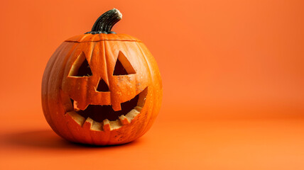 Beautiful Pumpkin Jack-o'-Lantern on an Orange Background