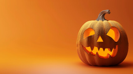Carved Pumpkin Jack-o'-Lantern Glowing on Vibrant Orange Background