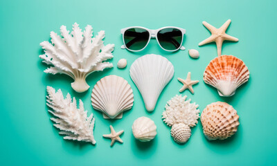 Obraz premium Top view Summer flatlay on a mint color background with sunglasses, seashells, starfish, coconut halves, and palm leaves, evoking feelings of holiday, vacation, and relaxation.