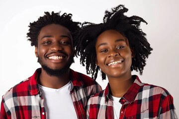 Portrait of a satisfied afro-american couple in their 20s wearing a comfy flannel shirt while standing against white background