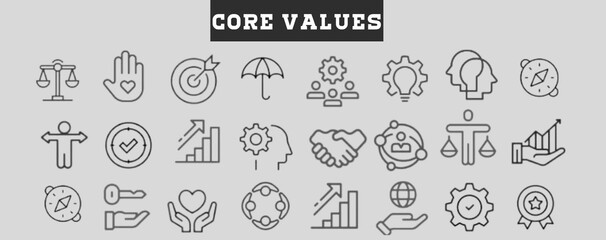 Simple Set of Core Values, Goals and Target Related Vector Line Icons.