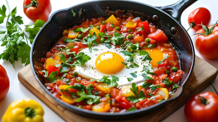 A frying pan with vegetables and an egg cooking, a healthy and delicious meal with a variety of colorful ingredients
