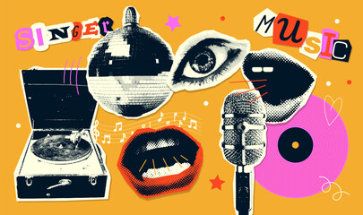 Groovy music mixed media collage stickers set with vinyl player, vintage microphone, mirror disco ball, singing mouth on bright background halftone cut-out elements. Vector illustration