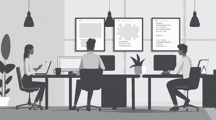 Marketers use AI tools in a sleek, minimalist office to optimize campaigns with cutting-edge tech.