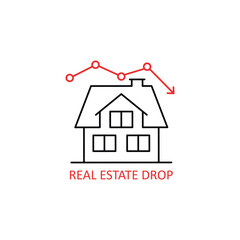 red real estate drop simple linear icon. concept of appreciation or competition in property and loss. flat minimal stroke trend investment demand or downturn
