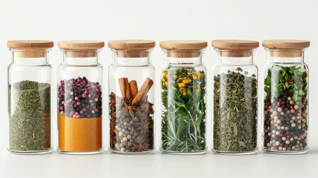 Aromatic herbs and spices neatly organized in glass jars