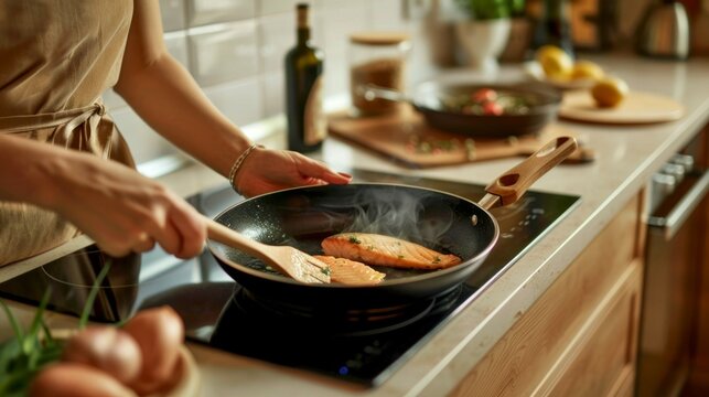 Home kitchen cooking scene with person frying fish in a pan on a modern stove. Culinary concept image showcasing a cozy kitchen environment. Ideal for food blogs, recipe sites. AI
