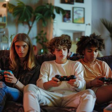 A group of three friends playing videogames together on the sofa