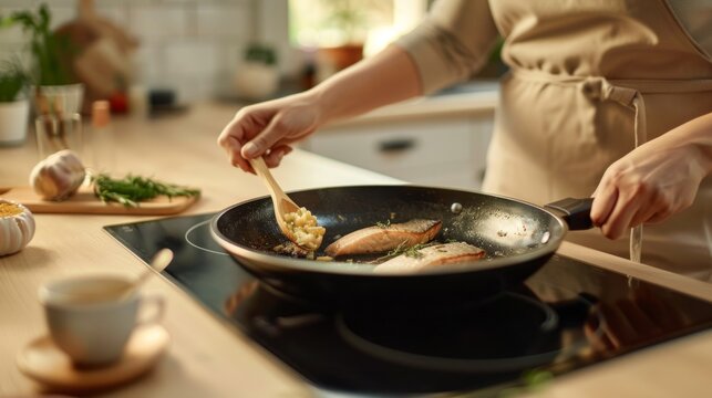 Cooking fish in a modern kitchen. Person in apron prepares delicious fish fillets on a stove. This image is ideal for food blogs, culinary websites, or advertisements about healthy eating. AI