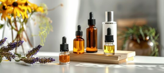 Aromatherapy Essential Oils with Fresh Lavender and Flowers. Generative ai