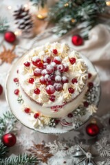 Festive Winter Cake with Berries and Frosted Decorations on a Holiday Themed Table