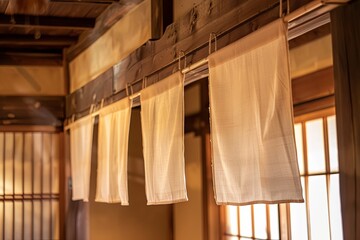 Traditional Japanese Linen Curtain Hanging from Ceiling in Old House, Adding Texture and Warmth to the Space