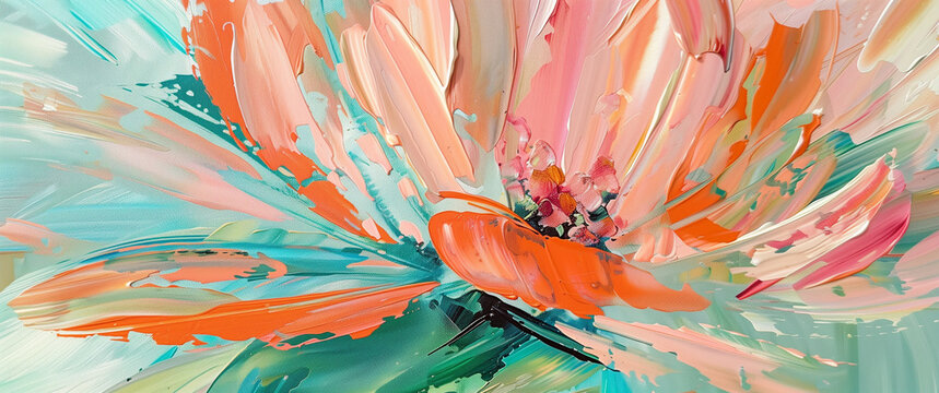 A captivating abstract acrylic painting featuring a vibrant blend of mint green, pink, and orange colors. The textured layers created with a palette knife showcase an expressive and dynamic style.