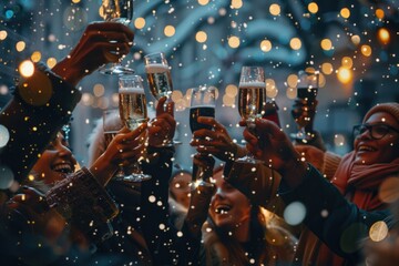 Festive Group of Friends Celebrating Christmas Under Holiday Lights