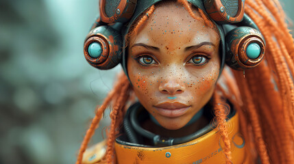 A young woman with striking eyes and freckles, wearing futuristic headgear and an orange outfit.