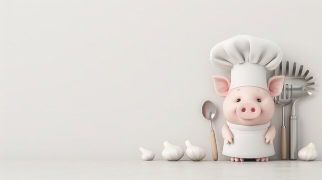Pig chef with a toque and cooking utensils on a white background, positioned on the right side