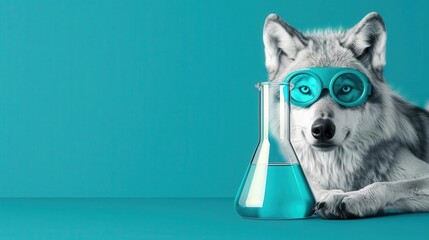 Wolf scientist with a beaker and safety goggles on a steel blue background, positioned on the right side