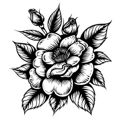 A black and white drawing of a flower with a rose on top. The flower is surrounded by leaves and has a very detailed and intricate design. Scene is elegant and sophisticated