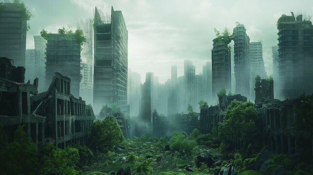 Atmospheric post-apocalyptic cityscape with overgrown ruins and abandoned skyscrapers