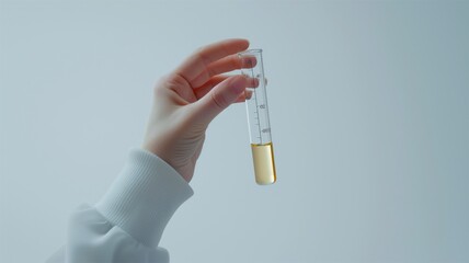 Scientist's hands hold test tubes containing various substances.