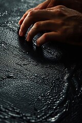 Hand touching the surface of a mysterious dark liquid