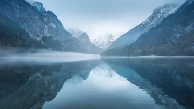 A serene mountain lake at dawn, the water perfectly still, reflecting the peaks
