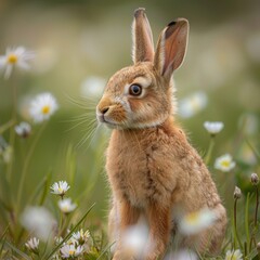 Fototapeta premium Baby hare in a spring meadow ,isolate ,minimal, simple background