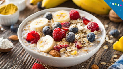 Healthy oatmeal porridge with bananas, blueberries, raspberries, and almonds served in a white bowl on a wooden table