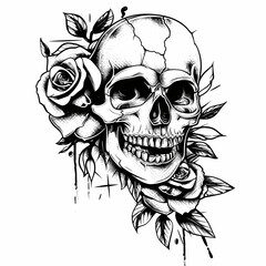 A skull with roses and leaves surrounding it. The skull is black and white and the roses are red. Scene is dark and mysterious