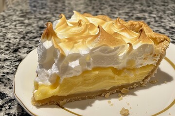 Scrumptious slice of homemade lemon meringue pie with golden crust