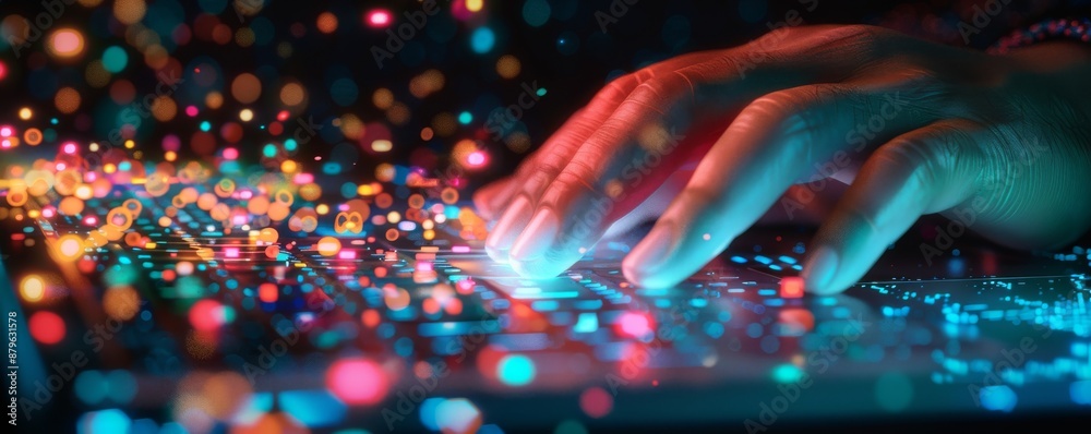 Poster close-up of a businessman using a computer close up of a futuristic decentralized finance ai chatbot
