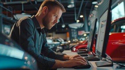 A man working in a car dealership, attending to details on a computer - Powered by Adobe