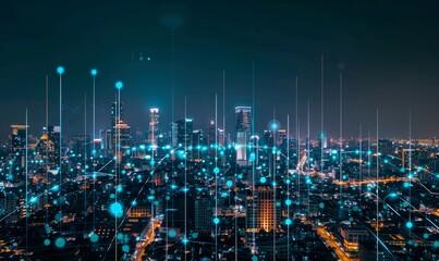 Fototapeta premium Technology concept of smart city and abstract dot connected by gradient line.