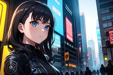 Anime girl in futuristic city with neon billboards