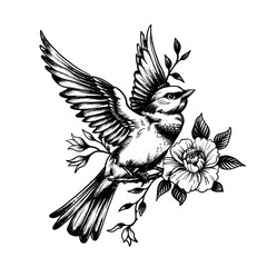 Obraz premium A black and white drawing of a bird with a flower in its beak. The bird is perched on a branch and he is flying. The flower is small and delicate, adding a touch of beauty to the scene