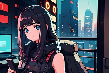 Anime girl in futuristic city with neon billboards