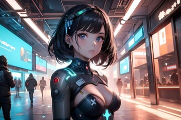 Anime girl in futuristic city with neon billboards