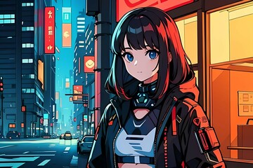 Anime girl in futuristic cyberpunk city at night