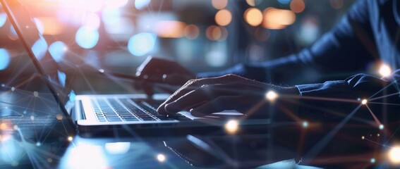 IOT internet of things, digital technology, internet network connection, big data, digital marketing. Man surfing internet futuristic metaverse on modern computer.