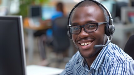 Fototapeta premium A friendly call center operator, smiling and engaged in a conversation