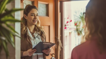 A social worker standing at the door of a client home