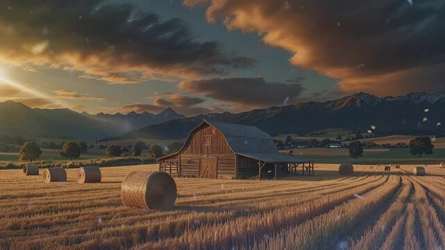 A lonely barn sits in a golden field of wheat as the sun sets behind distant mountains.