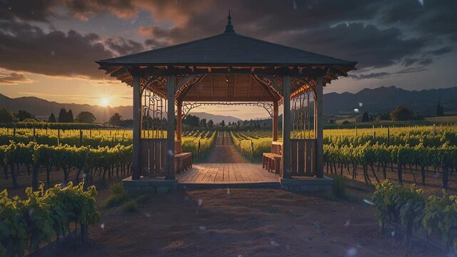 A wooden gazebo sits in a lush, green vineyard.