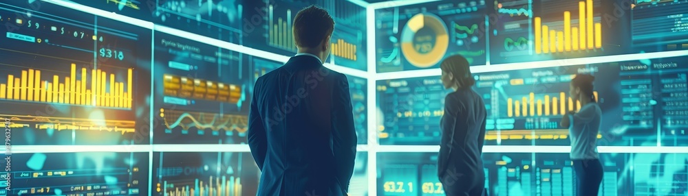 Poster business professionals analyzing data on multiple screens in a high-tech office environment, focusin