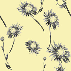 Obraz premium Monochrome floral seamless pattern with isolated flowers chrysanthemum. Hand drawn blossom flowers in freehand ink style. Botanical elements for package, textile, wallpaper, bedding.