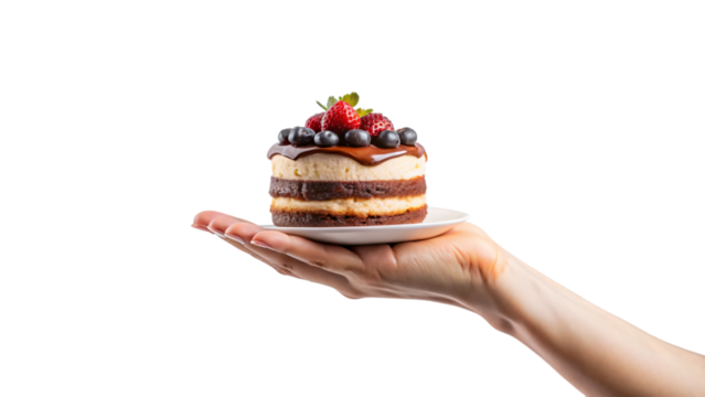 A hand holding a piece of cake with berries and cream