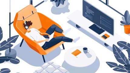 Illustration of a person working comfortably from home, sitting on a chair with a laptop, surrounded by plants and modern decor.