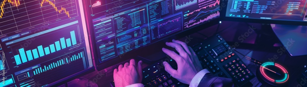 Poster person analyzing multiple financial data graphs on computer screens in a dark, technology-focused en