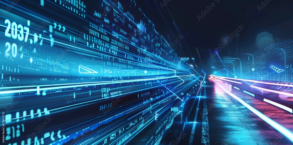 Poster a rendering of an abstract highway path through digital binary towers in a city. an abstract represe